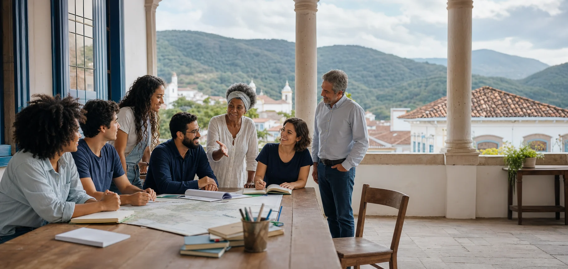 Pessoas de diferentes gerações reunidas em uma atividade colaborativa em Diamantina
