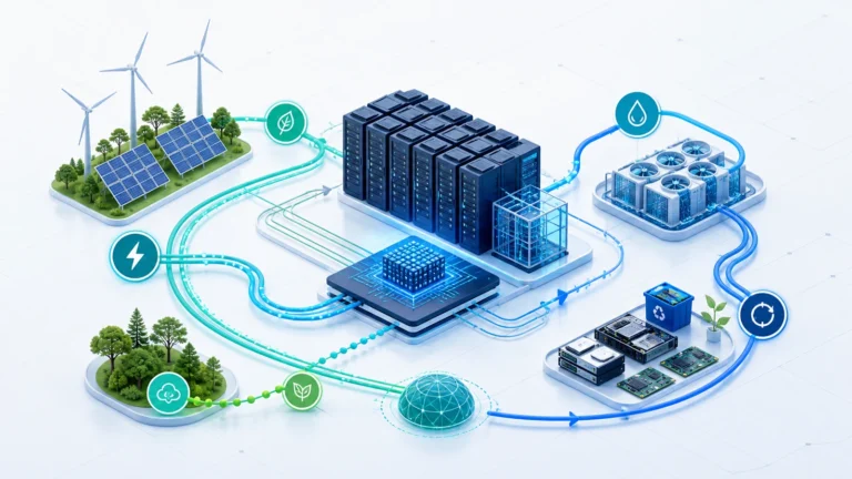 Ilustração de infraestrutura de inteligência artificial conectada a energia renovável, resfriamento por água e reaproveitamento de hardware