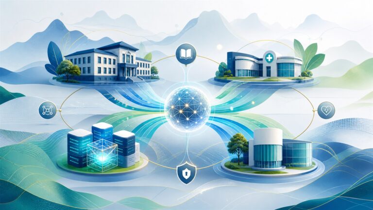 Ilustração editorial de uma rede azul, turquesa e verde conectando um instituto de ensino, uma unidade de saúde, infraestrutura segura de dados e um núcleo de pesquisa em uma paisagem montanhosa abstrata
