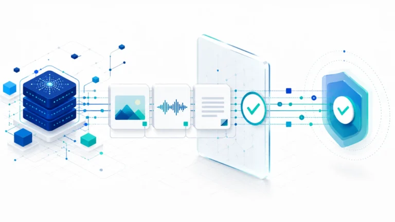 Ilustração de conteúdos digitais atravessando uma camada de verificação e transparência em uma rede de inteligência artificial