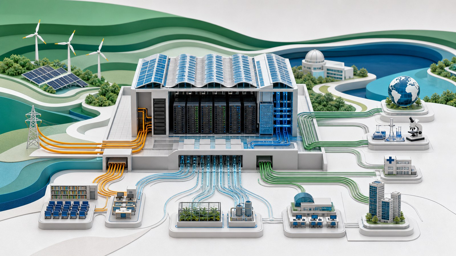 Ilustração editorial de um centro de supercomputação conectado a energia renovável, resfriamento, fibra óptica, pesquisa, formação e serviços públicos